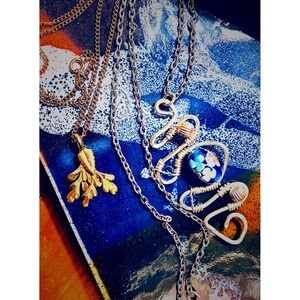 Handmade Wire Wrapped Millefiori Glass Bead & Gold Tone Leaf Pendant Necklaces